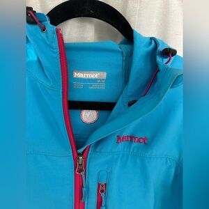 Marmot M3 jacket blue with hot pink accents.